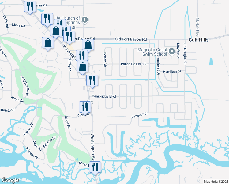 map of restaurants, bars, coffee shops, grocery stores, and more near 12909 Cambridge Boulevard in Ocean Springs