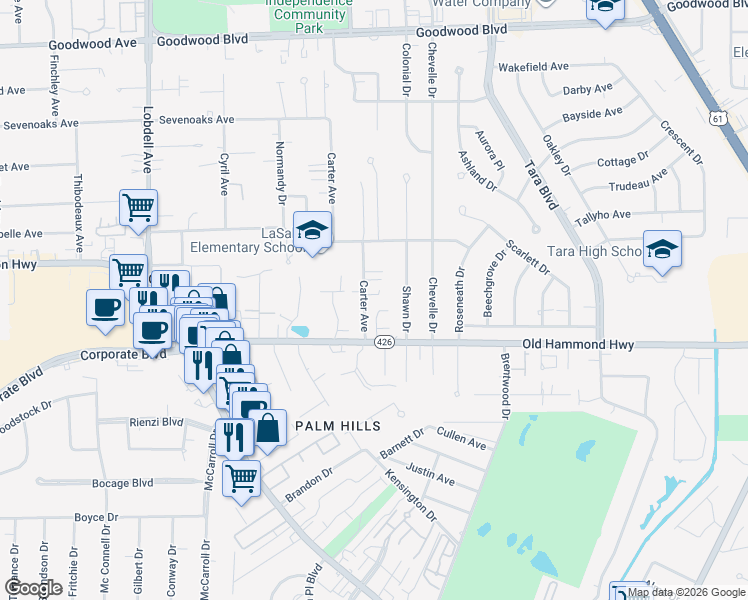 map of restaurants, bars, coffee shops, grocery stores, and more near 1925 Carter Avenue in Baton Rouge