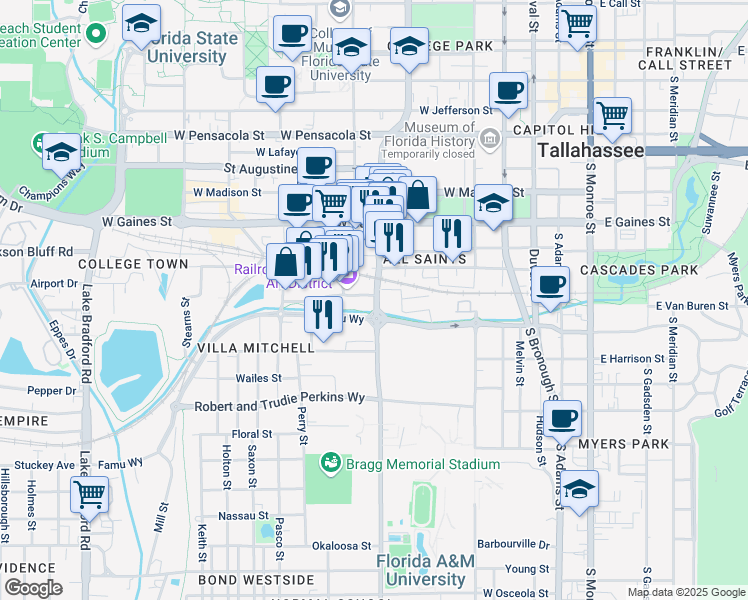 map of restaurants, bars, coffee shops, grocery stores, and more near 1100 Railroad Avenue in Tallahassee