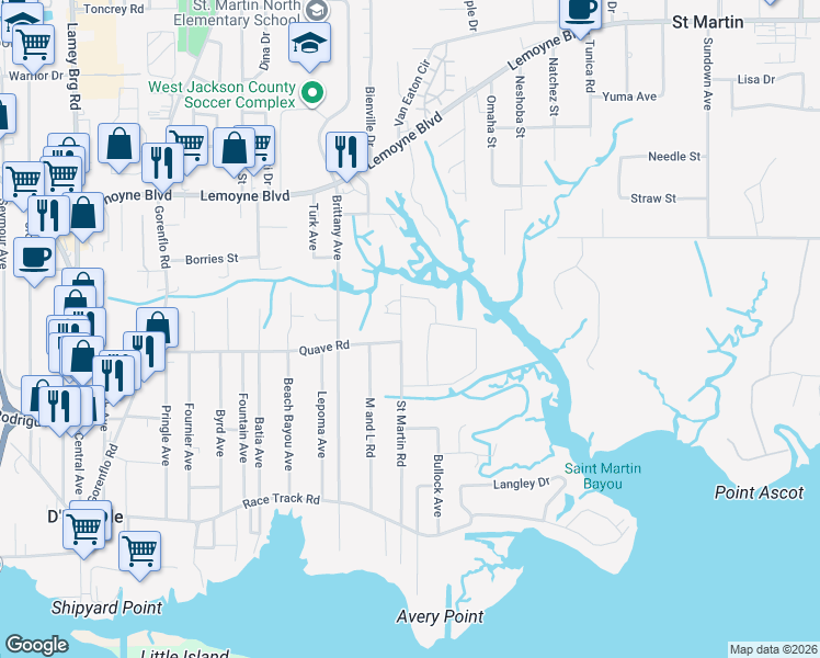 map of restaurants, bars, coffee shops, grocery stores, and more near 16029 Lorraine Cir in Biloxi