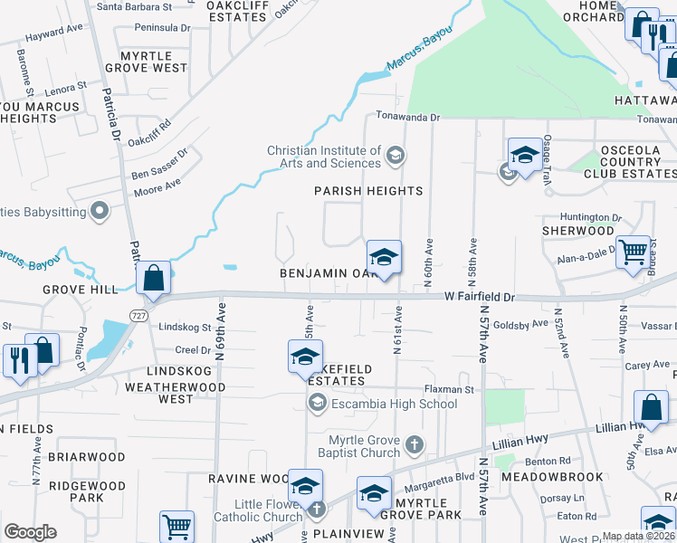 map of restaurants, bars, coffee shops, grocery stores, and more near 6310 West Fairfield Drive in Pensacola