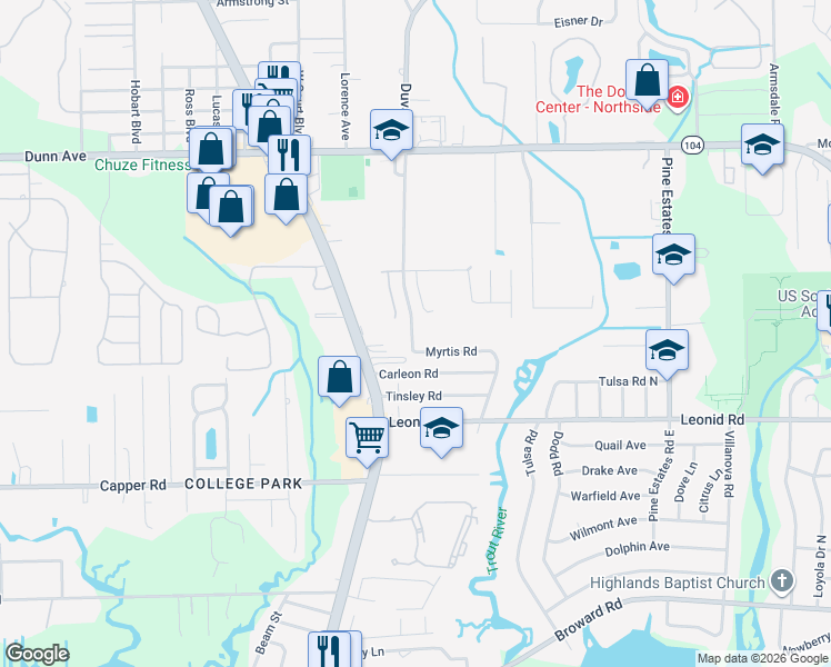 map of restaurants, bars, coffee shops, grocery stores, and more near 2921 Myrtis Road in Jacksonville