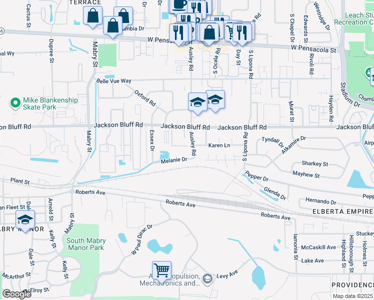 map of restaurants, bars, coffee shops, grocery stores, and more near 2105 Melanie Drive in Tallahassee