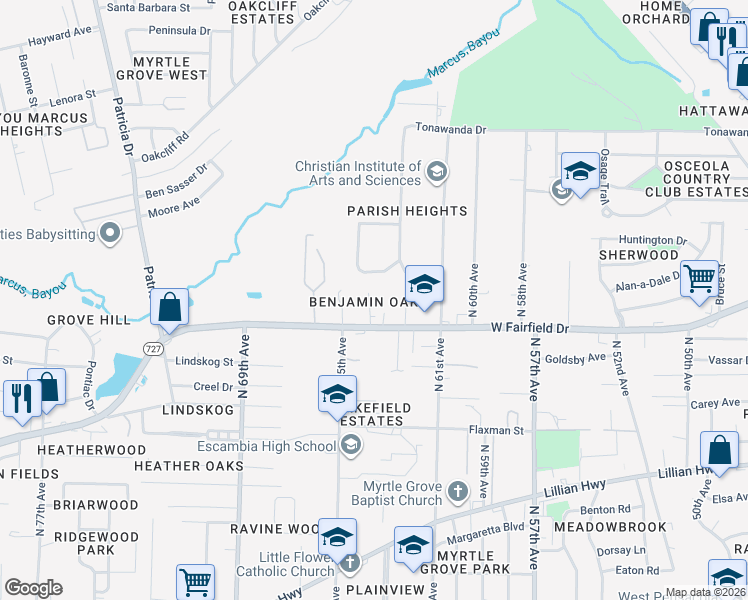 map of restaurants, bars, coffee shops, grocery stores, and more near 6310 West Fairfield Drive in Pensacola