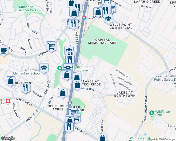 map of restaurants, bars, coffee shops, grocery stores, and more near 14125-14437 North Interstate 35 Frontage Road in Austin