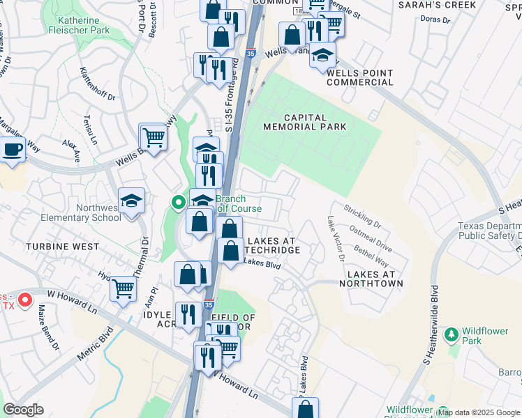 map of restaurants, bars, coffee shops, grocery stores, and more near 14125-14437 North Interstate 35 Frontage Road in Austin