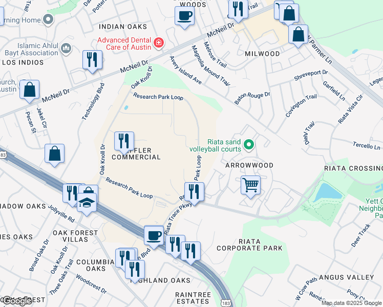 map of restaurants, bars, coffee shops, grocery stores, and more near 12200 Riata Trace Parkway in Austin