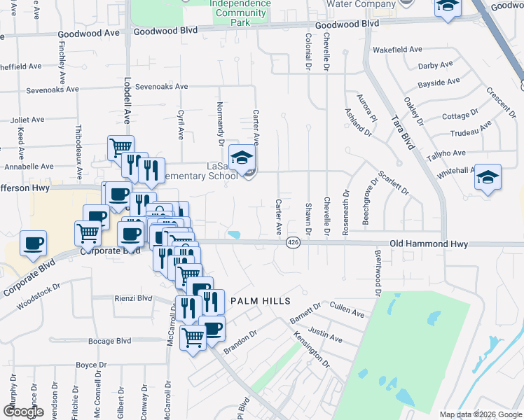 map of restaurants, bars, coffee shops, grocery stores, and more near 1903 Old Plantation Lane in Baton Rouge