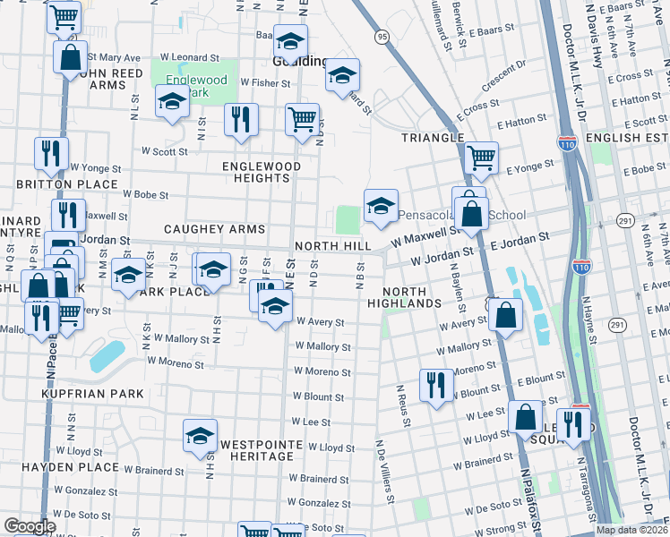 map of restaurants, bars, coffee shops, grocery stores, and more near 620 West Jordan Street in Pensacola