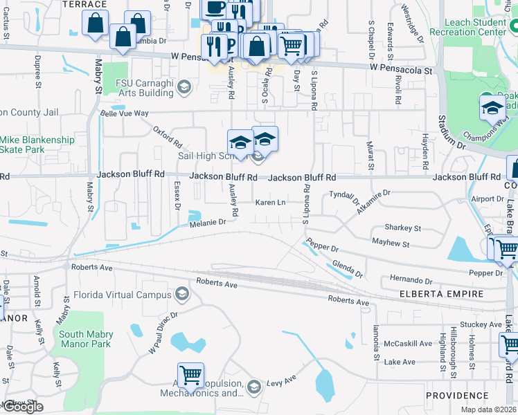 map of restaurants, bars, coffee shops, grocery stores, and more near 1925 Karen Lane in Tallahassee