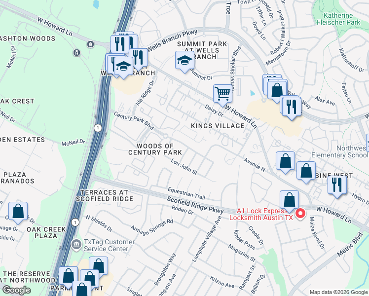 map of restaurants, bars, coffee shops, grocery stores, and more near 2608 Century Park Boulevard in Austin