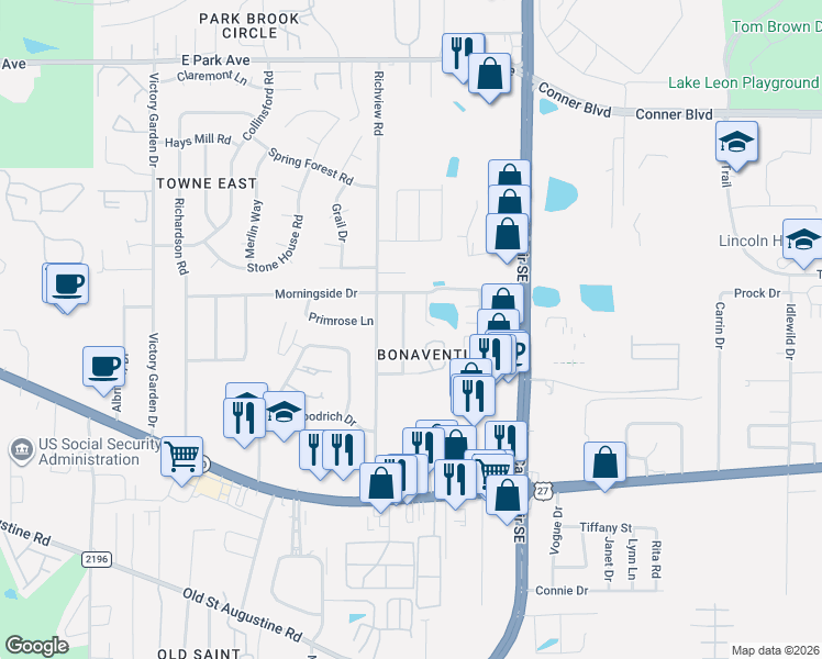 map of restaurants, bars, coffee shops, grocery stores, and more near 1103 Pinecrest Drive in Tallahassee
