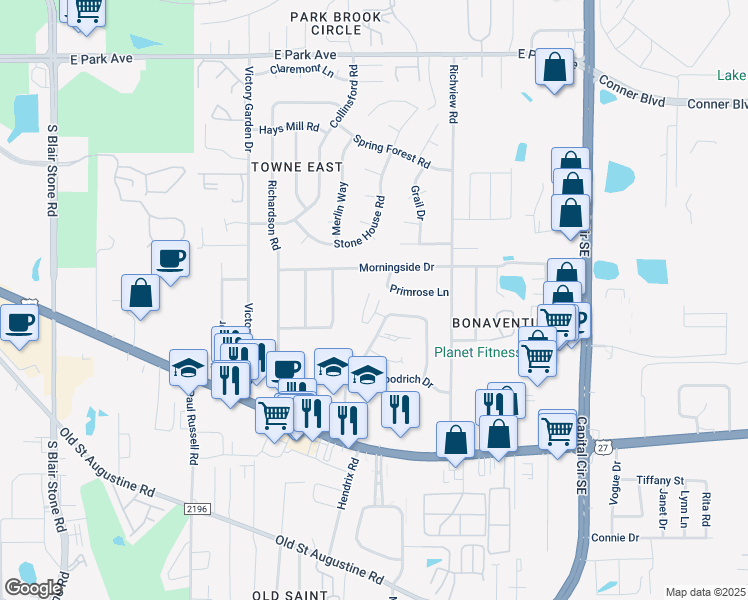 map of restaurants, bars, coffee shops, grocery stores, and more near 2802 Primrose Lane in Tallahassee