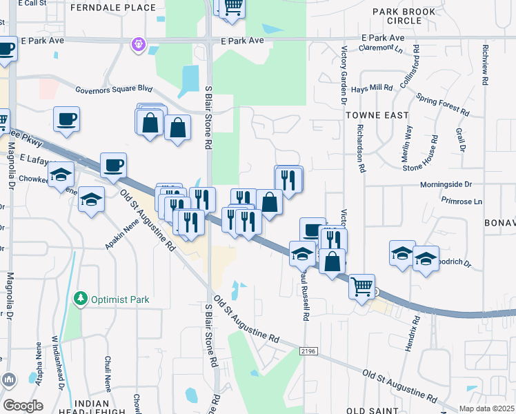 map of restaurants, bars, coffee shops, grocery stores, and more near 2100 Apalachee Parkway in Tallahassee