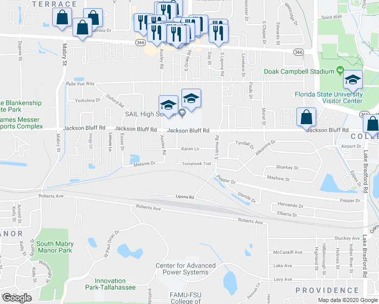 map of restaurants, bars, coffee shops, grocery stores, and more near 808 Evelyn Court in Tallahassee