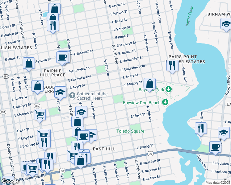 map of restaurants, bars, coffee shops, grocery stores, and more near 1612 East Mallory Street in Pensacola