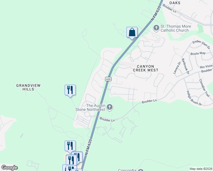 map of restaurants, bars, coffee shops, grocery stores, and more near 11908 Viscaya Way in Austin