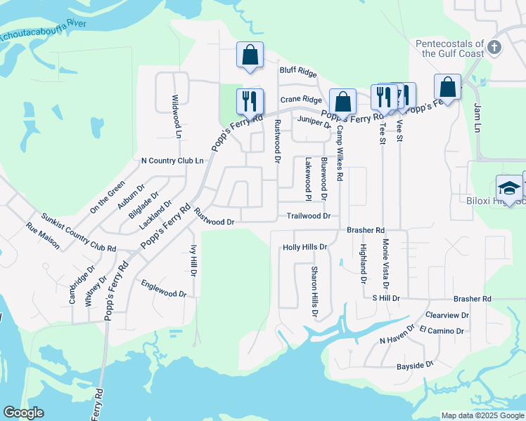 map of restaurants, bars, coffee shops, grocery stores, and more near 2126 Baywood Drive in Biloxi