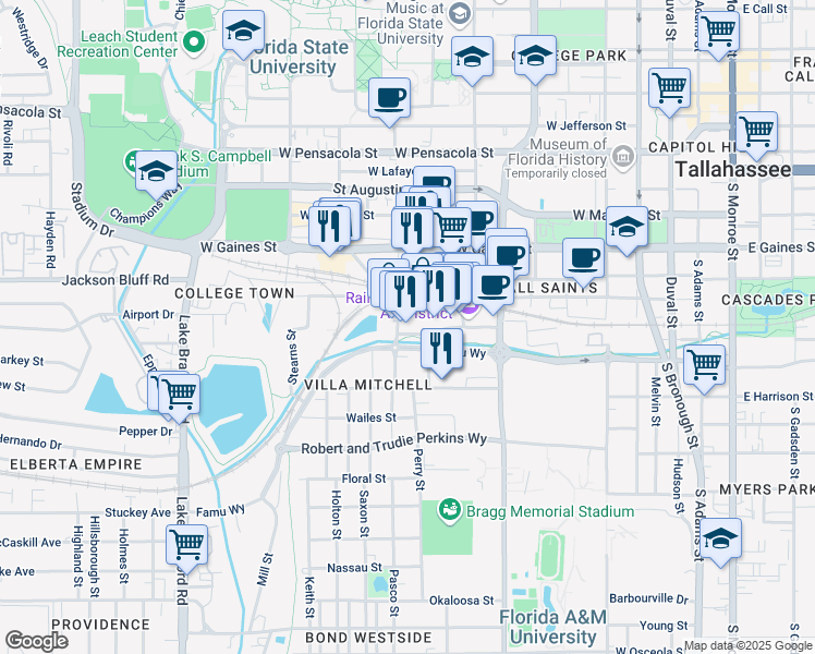 map of restaurants, bars, coffee shops, grocery stores, and more near 688 McDonnell Drive in Tallahassee