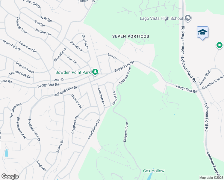 map of restaurants, bars, coffee shops, grocery stores, and more near 20003 Coolidge Lane in Lago Vista