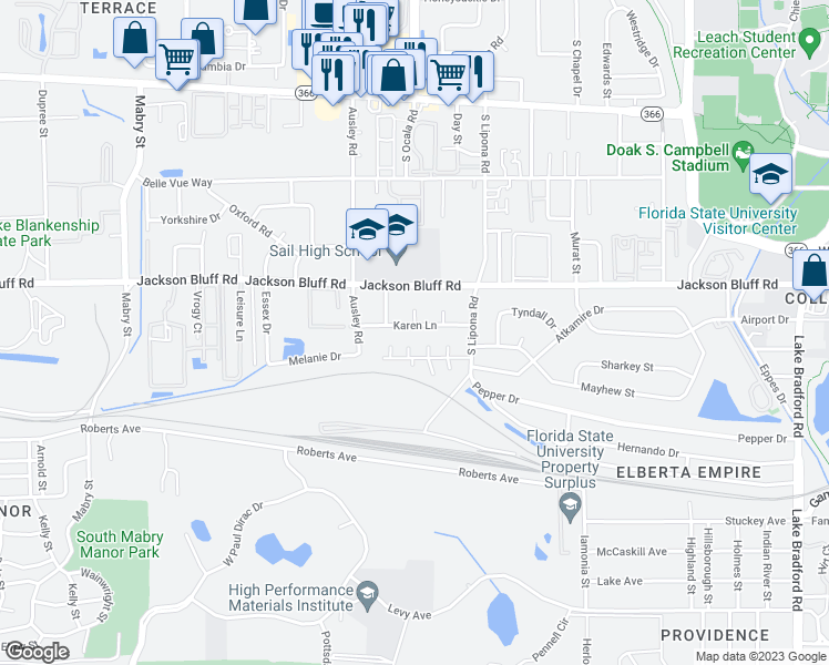 map of restaurants, bars, coffee shops, grocery stores, and more near 808 Evelyn Court in Tallahassee