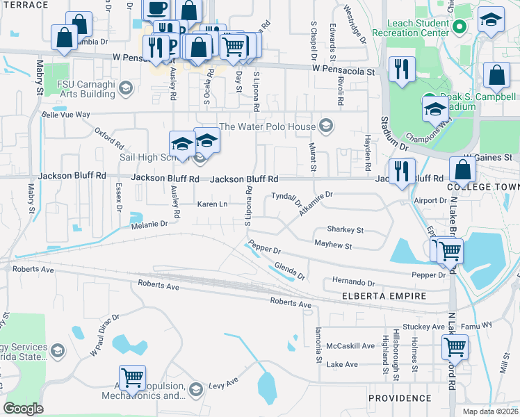 map of restaurants, bars, coffee shops, grocery stores, and more near 1826 Tyndall Drive in Tallahassee