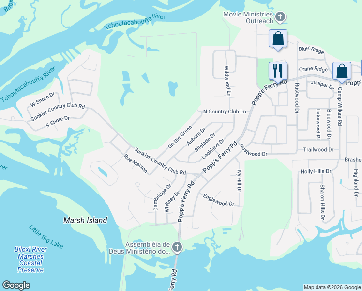 map of restaurants, bars, coffee shops, grocery stores, and more near 839 On the Green in Biloxi