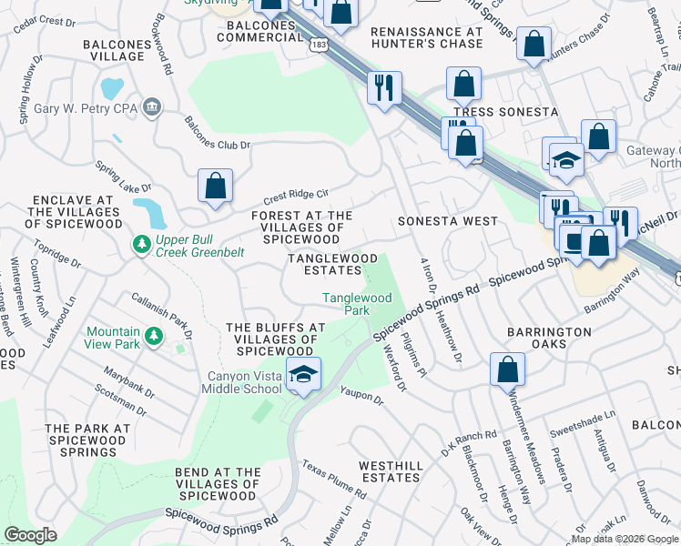 map of restaurants, bars, coffee shops, grocery stores, and more near 11529 Rustic Rock Drive in Austin