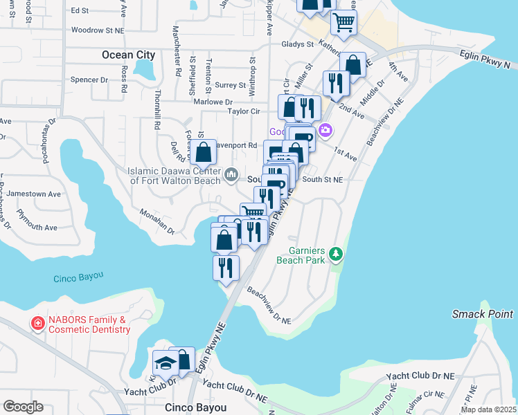 map of restaurants, bars, coffee shops, grocery stores, and more near 114 Merle Circle in Fort Walton Beach