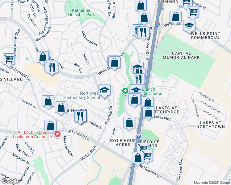 map of restaurants, bars, coffee shops, grocery stores, and more near 1801 Wells Branch Parkway in Austin