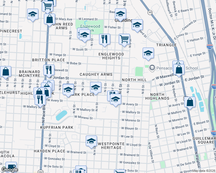 map of restaurants, bars, coffee shops, grocery stores, and more near 1003 West Jordan Street in Pensacola