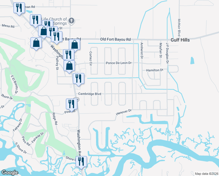 map of restaurants, bars, coffee shops, grocery stores, and more near 6316 Chaucer Dr in Ocean Springs