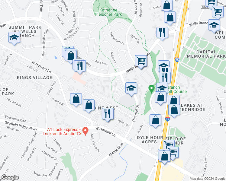 map of restaurants, bars, coffee shops, grocery stores, and more near 1125 Wells Branch Parkway in Pflugerville