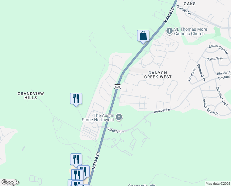 map of restaurants, bars, coffee shops, grocery stores, and more near 11908 Viscaya Way in Austin