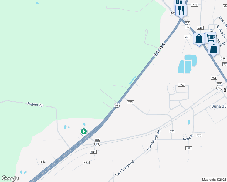 map of restaurants, bars, coffee shops, grocery stores, and more near 35823 U.S. 96 South in Buna