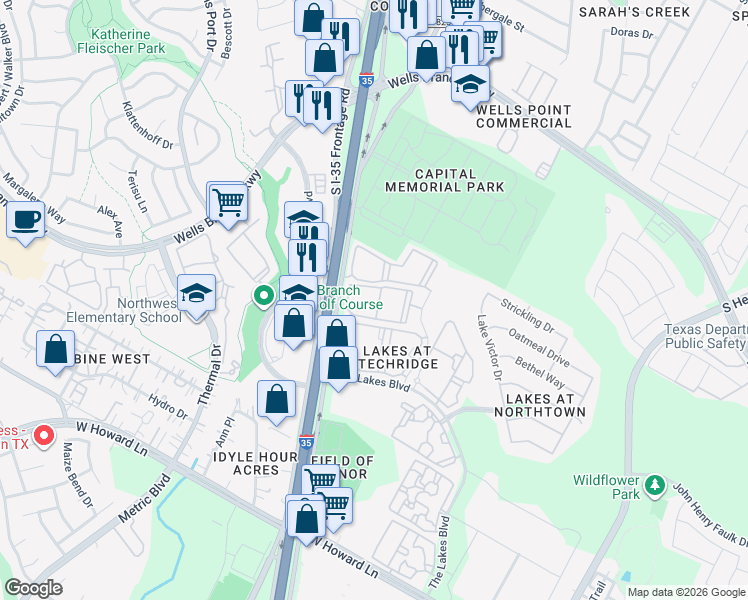map of restaurants, bars, coffee shops, grocery stores, and more near 14201 North Interstate 35 Frontage Road in Pflugerville