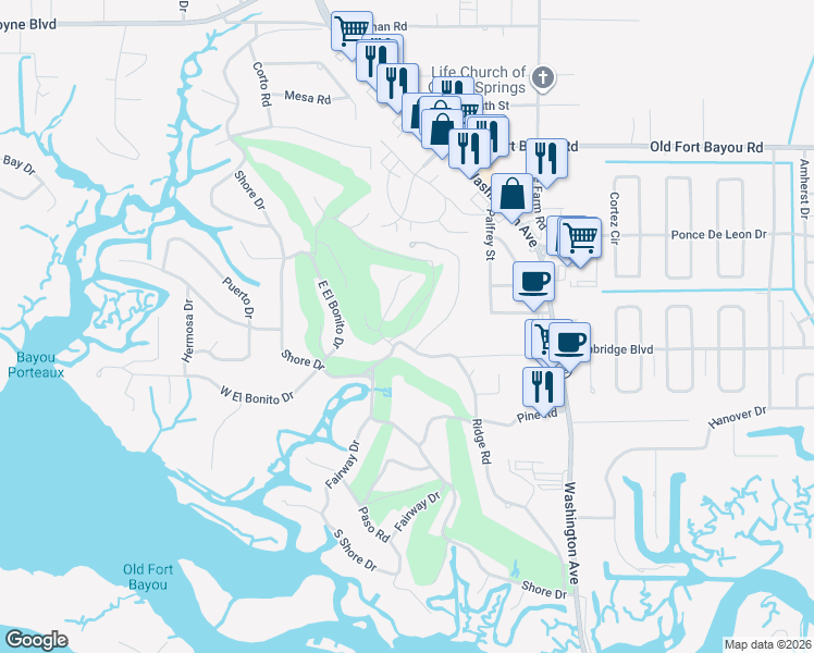 map of restaurants, bars, coffee shops, grocery stores, and more near 6300 Prado Road in Ocean Springs