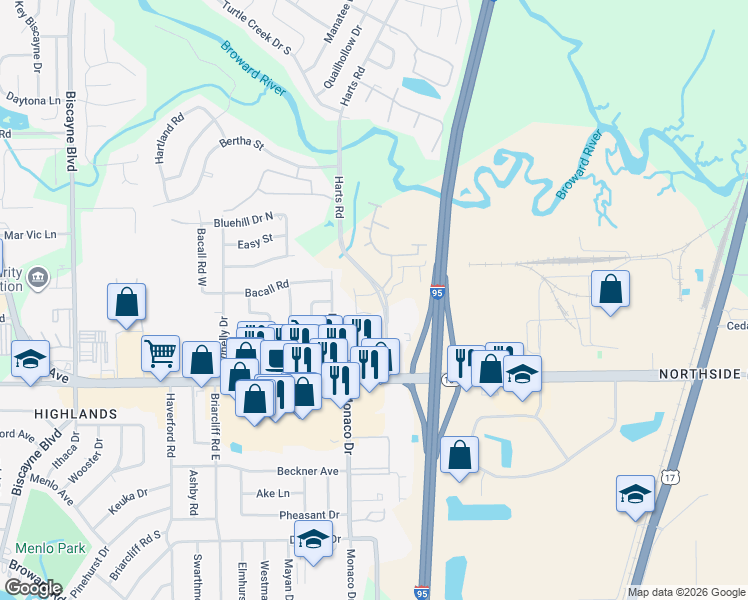 map of restaurants, bars, coffee shops, grocery stores, and more near 10965-10995 Harts Road in Jacksonville