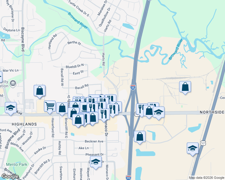 map of restaurants, bars, coffee shops, grocery stores, and more near 10965-10995 Harts Road in Jacksonville