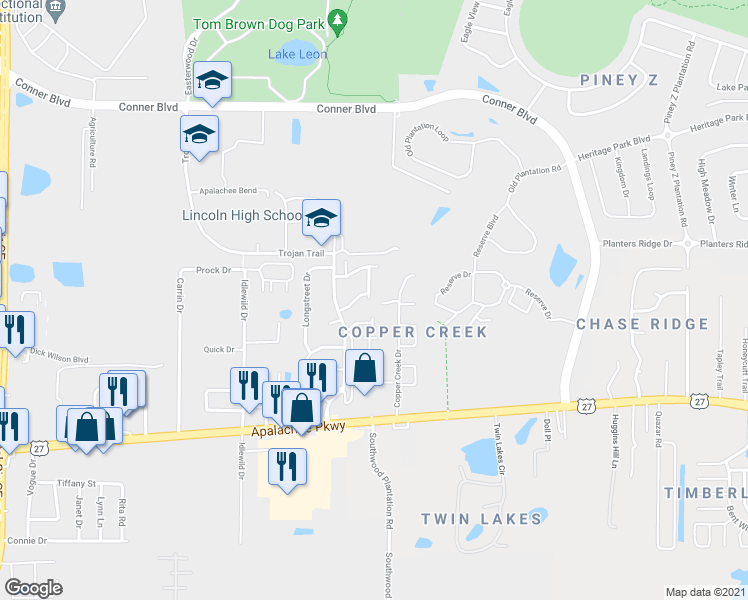 map of restaurants, bars, coffee shops, grocery stores, and more near 1070 Copper Creek Drive in Tallahassee