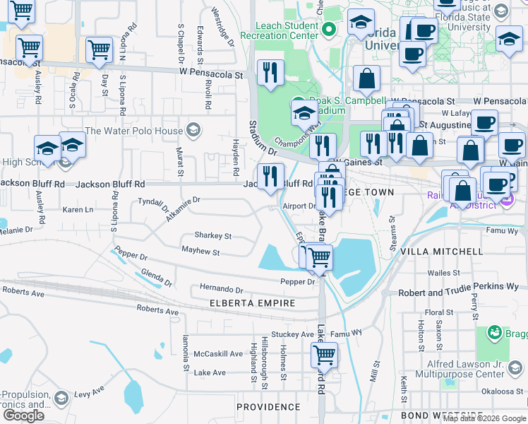 map of restaurants, bars, coffee shops, grocery stores, and more near 1327 Jackson Bluff Road in Tallahassee