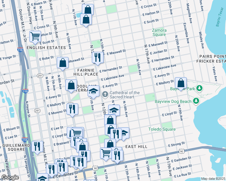 map of restaurants, bars, coffee shops, grocery stores, and more near 1315 East Avery Street in Pensacola