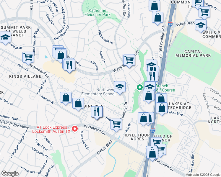 map of restaurants, bars, coffee shops, grocery stores, and more near 14100 Thermal Drive in Austin