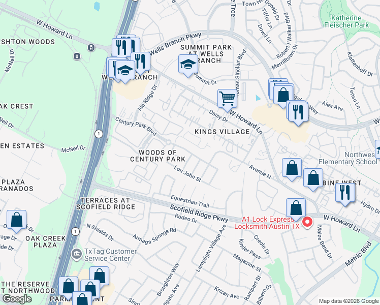 map of restaurants, bars, coffee shops, grocery stores, and more near 2608 Century Park Boulevard in Austin