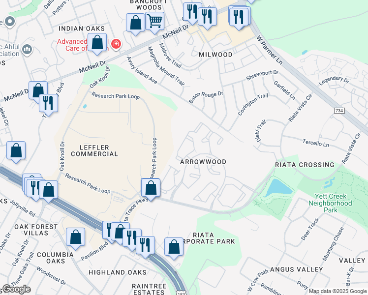 map of restaurants, bars, coffee shops, grocery stores, and more near 12340 Alameda Trace Circle in Austin