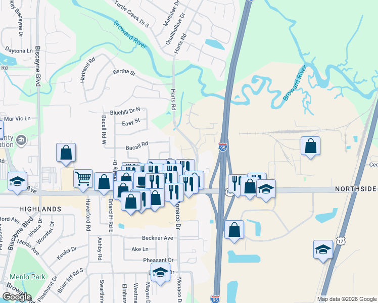 map of restaurants, bars, coffee shops, grocery stores, and more near 10965-10995 Harts Road in Jacksonville