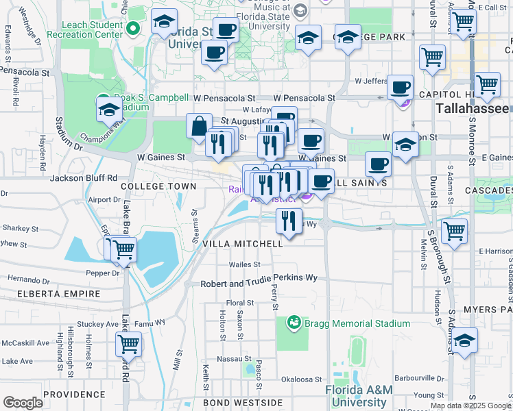map of restaurants, bars, coffee shops, grocery stores, and more near 688 McDonnell Drive in Tallahassee