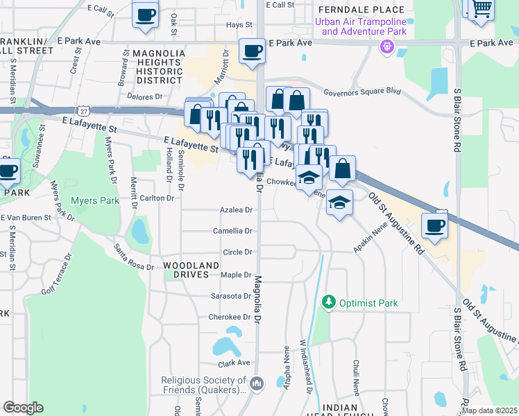 map of restaurants, bars, coffee shops, grocery stores, and more near 3226 Flastacowo Road in Tallahassee