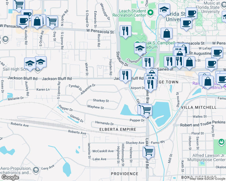 map of restaurants, bars, coffee shops, grocery stores, and more near 1602 Airport Drive in Tallahassee
