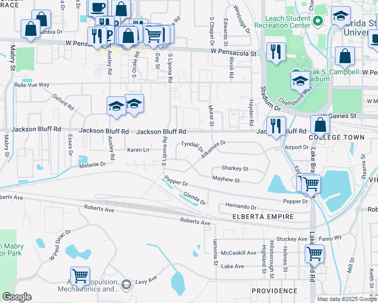 map of restaurants, bars, coffee shops, grocery stores, and more near 1826 Tyndall Drive in Tallahassee